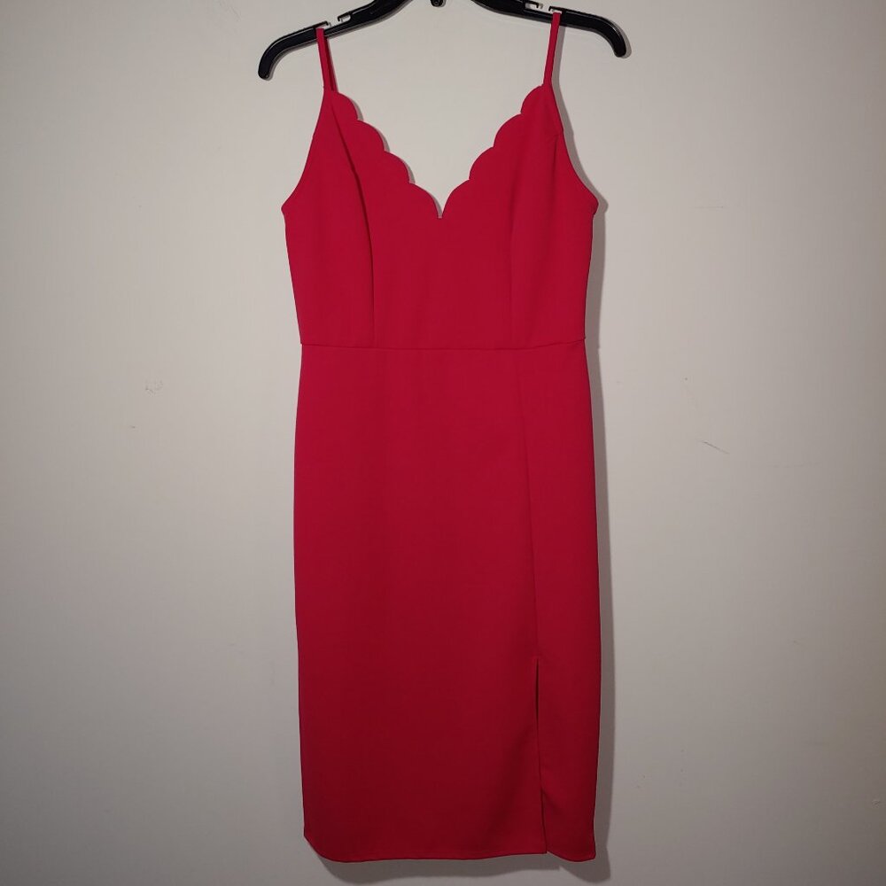 Socialite Acai Scalloped V-Neck Bodycon Red Midi Cocktail Dress Size L